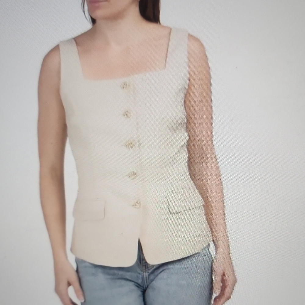 Elie Tahari Flax Linen Blend Thick Strap Button Down Vest Flap Pockets XL